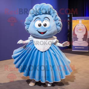 Blue Oyster mascot costume character dressed with a Pleated Skirt and Hair clips