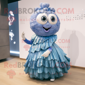 Blue Oyster mascot costume character dressed with a Pleated Skirt and Hair clips