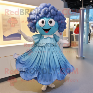 Blue Oyster mascot costume character dressed with a Pleated Skirt and Hair clips