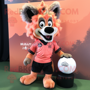 Peach Hyena mascot costume character dressed with a Rugby Shirt and Earrings