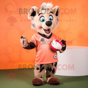 Peach Hyena mascot costume character dressed with a Rugby Shirt and Earrings