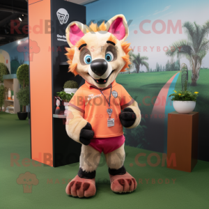 Peach Hyena mascot costume character dressed with a Rugby Shirt and Earrings