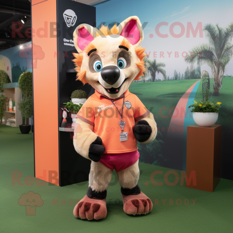 Peach Hyena mascot costume character dressed with a Rugby Shirt and Earrings Peach Hyena mascot costume character dressed with a Rugby Shirt and Earrings