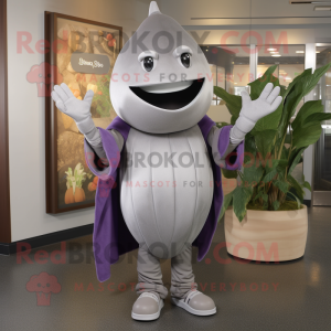 Silver Eggplant mascot costume character dressed with a Sweater and Caps