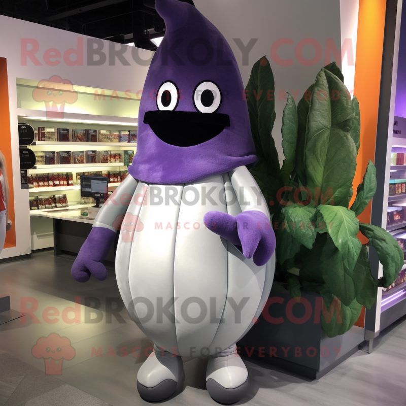 Silver Eggplant mascot costume character dressed with a Sweater and Caps Silver Eggplant mascot costume character dressed with a Sweater and Caps
