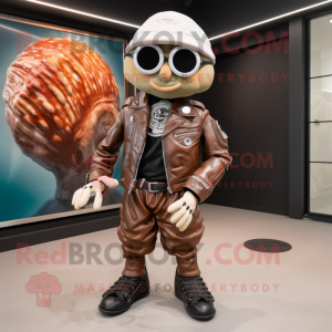 Brown Oyster mascot costume character dressed with a Biker Jacket and Handbags