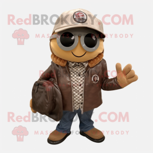 Brown Oyster mascot costume character dressed with a Biker Jacket and Handbags