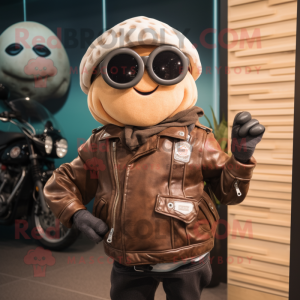 Brown Oyster mascot costume character dressed with a Biker Jacket and Handbags