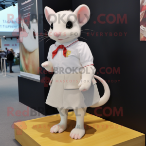 White Dormouse mascot costume character dressed with a Mini Skirt and Shoe clips