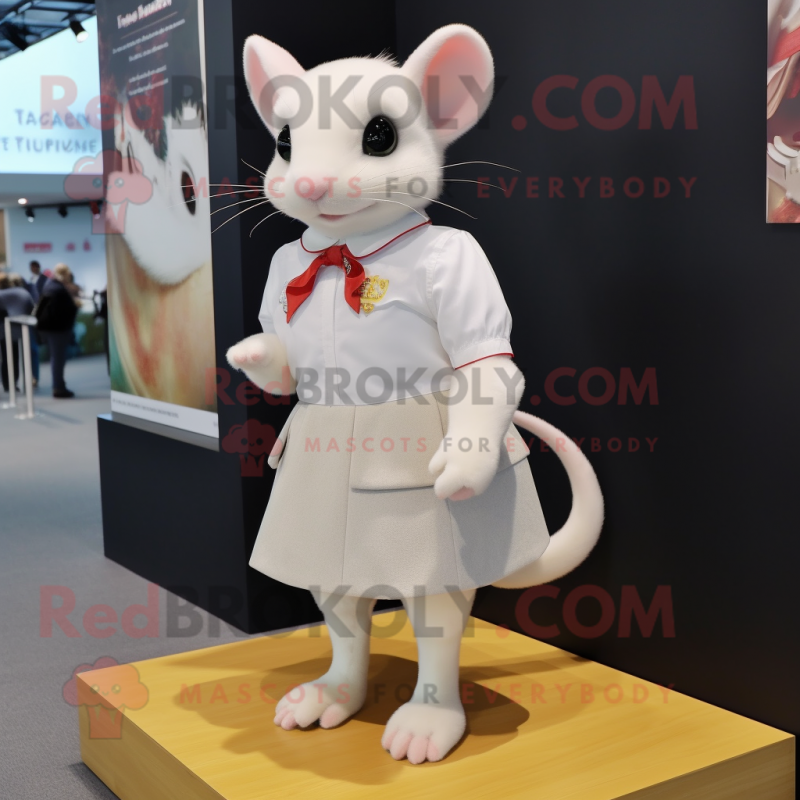 White Dormouse mascot costume character dressed with a Mini Skirt and Shoe clips White Dormouse mascot costume character dressed with a Mini Skirt and Shoe clips