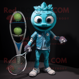 Cyan Tennis Racket mascot costume character dressed with a Moto Jacket and Bracelets