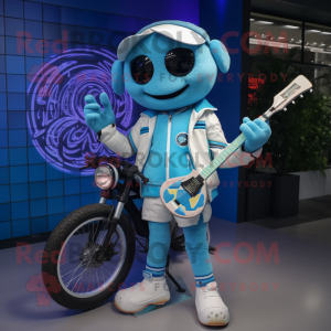 Cyan Tennis Racket mascot costume character dressed with a Moto Jacket and Bracelets