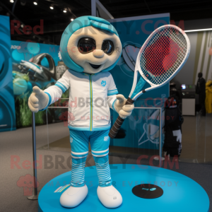 Cyan Tennis Racket mascot costume character dressed with a Moto Jacket and Bracelets