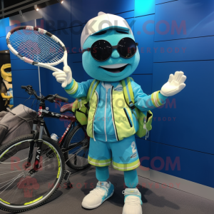 Cyan Tennis Racket mascot costume character dressed with a Moto Jacket and Bracelets