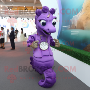 Purple Sea Horse mascot costume character dressed with a Blouse and Bracelet watches