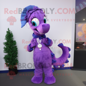 Purple Sea Horse mascot costume character dressed with a Blouse and Bracelet watches