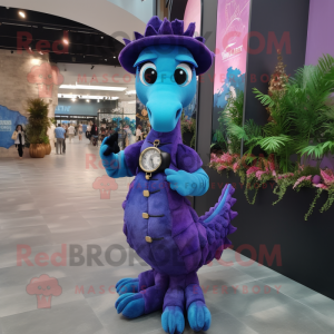 Purple Sea Horse mascot costume character dressed with a Blouse and Bracelet watches