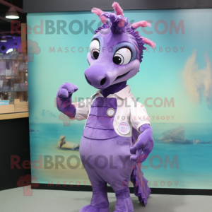 Purple Sea Horse mascot costume character dressed with a Blouse and Bracelet watches