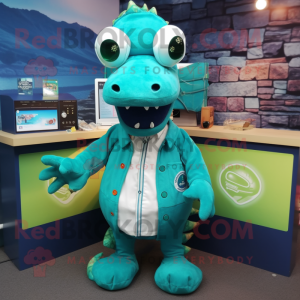 Turquoise Loch Ness Monster mascot costume character dressed with a Button-Up Shirt and Keychains