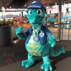 Turquoise Loch Ness Monster mascot costume character dressed with a Button-Up Shirt and Keychains