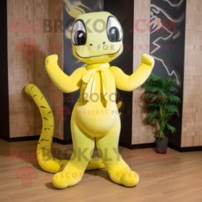 Lemon Yellow Anaconda mascot costume character dressed with a Yoga Pants and Bow ties