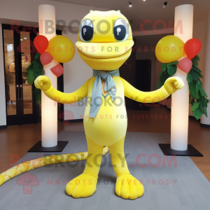 Lemon Yellow Anaconda mascot costume character dressed with a Yoga Pants and Bow ties