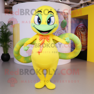 Lemon Yellow Anaconda mascot costume character dressed with a Yoga Pants and Bow ties