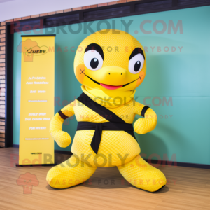 Lemon Yellow Anaconda mascot costume character dressed with a Yoga Pants and Bow ties