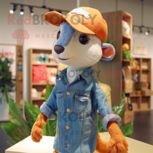 Peach Weasel mascot costume character dressed with a Denim Shorts and Hats