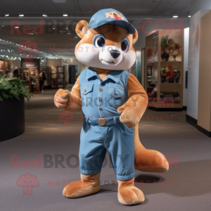 Peach Weasel mascot costume character dressed with a Denim Shorts and Hats