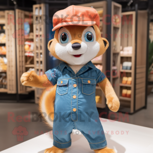 Peach Weasel mascot costume character dressed with a Denim Shorts and Hats