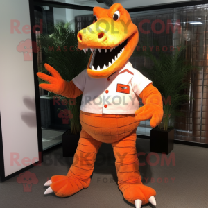 Orange Crocodile mascot costume character dressed with a Graphic Tee and Shoe clips
