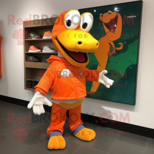 Orange Crocodile mascot costume character dressed with a Graphic Tee and Shoe clips