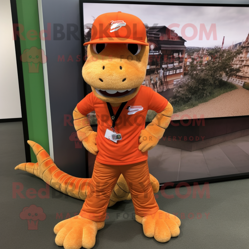 Orange Crocodile mascot costume character dressed with a Graphic Tee and Shoe clips