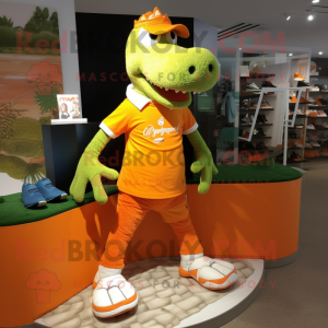 Orange Crocodile mascot costume character dressed with a Graphic Tee and Shoe clips