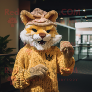 Gold Lynx mascot costume character dressed with a Sweater and Hats