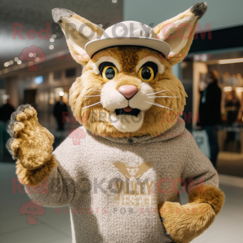 Gold Lynx mascot costume character dressed with a Sweater and Hats Gold Lynx mascot costume character dressed with a Sweater and Hats