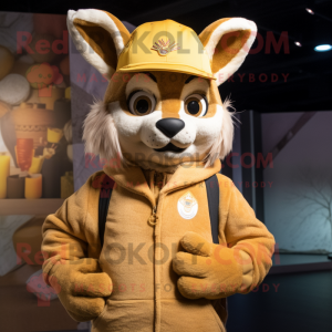 Gold Lynx mascot costume character dressed with a Sweater and Hats