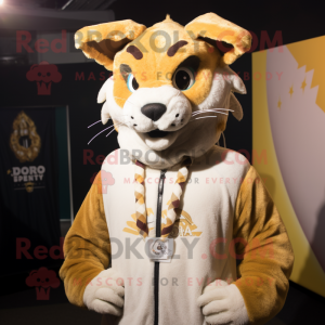 Gold Lynx mascot costume character dressed with a Sweater and Hats