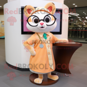 Peach Weasel mascot costume character dressed with a Circle Skirt and Eyeglasses