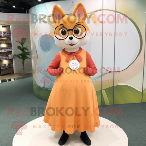Peach Weasel mascot costume character dressed with a Circle Skirt and Eyeglasses