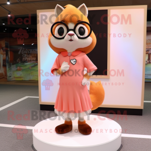Peach Weasel mascot costume character dressed with a Circle Skirt and Eyeglasses