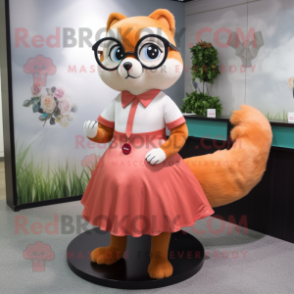 Peach Weasel mascot costume character dressed with a Circle Skirt and Eyeglasses