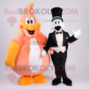 Peach Shrimp Scampi mascot costume character dressed with a Tuxedo and Mittens