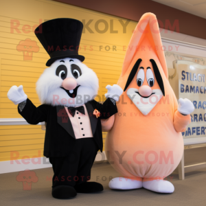 Peach Shrimp Scampi mascot costume character dressed with a Tuxedo and Mittens