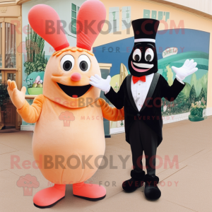 Peach Shrimp Scampi mascot costume character dressed with a Tuxedo and Mittens