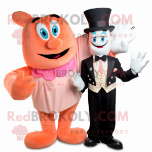 Peach Shrimp Scampi mascot costume character dressed with a Tuxedo and Mittens