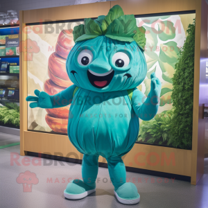 Teal Cabbage mascot costume character dressed with a Swimwear and Belts