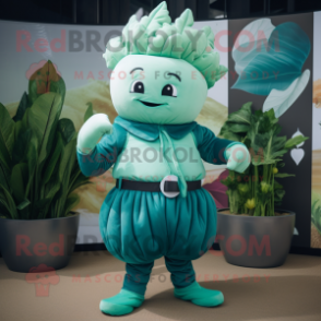 Teal Cabbage mascot costume character dressed with a Swimwear and Belts