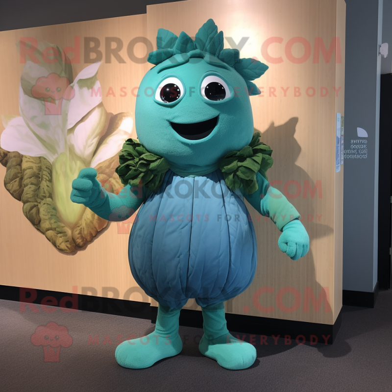 Teal Cabbage mascot costume character dressed with a Swimwear and Belts